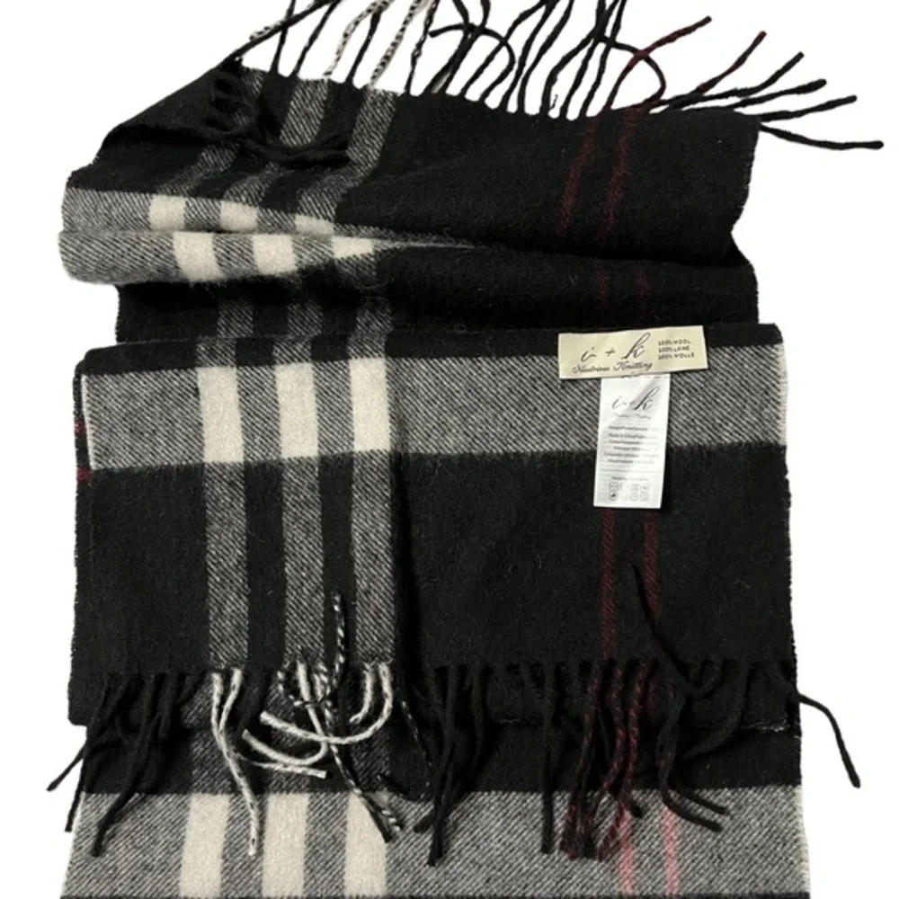I+K Illustrious Knitting 100% cashmere black gray red & white plaid scarf